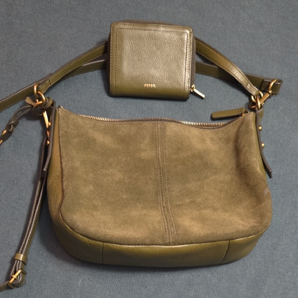 Olive Green Leather and Suede Women's Bag Set
